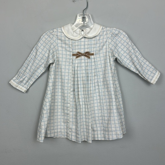 Sarah Louise England Baby Girl Blue Flannel Gingham Dress Sz 12M